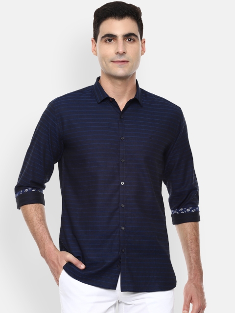 

V Dot Men Navy Blue Slim Fit Striped Casual Shirt