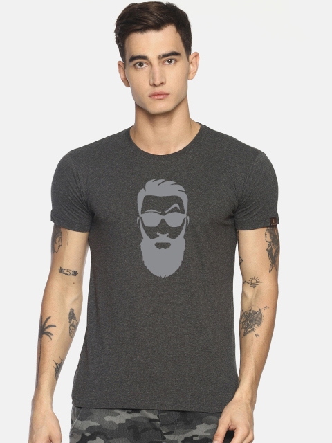 

Le Bison Men Charcoal Grey Printed Round Neck T-shirt