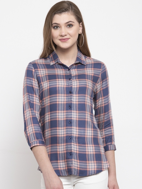 

Hancock Women Blue & Orange Slim Fit Checked Formal Shirt