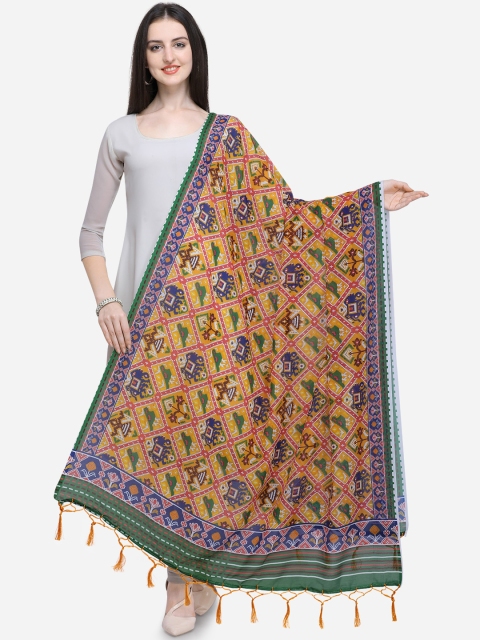 

Satrani Yellow & Green Muslin Printed Patola Dupatta