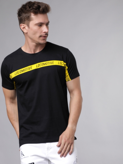 

LOCOMOTIVE Men Black & Yellow Printed Round Neck Slim Fit T-shirt