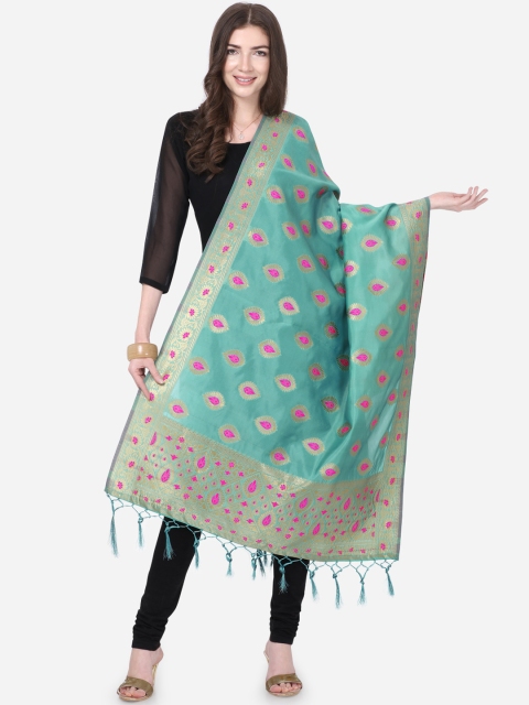 

Satrani Turquoise Blue & Pink Woven Design Jacquard Banarasi Dupatta