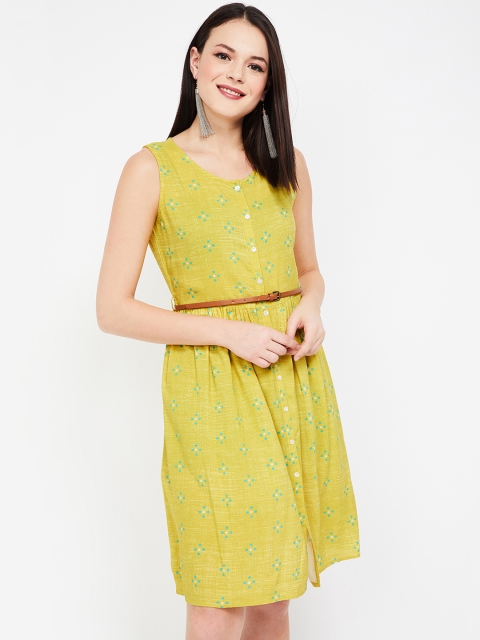 

Colour Me by Melange Women Lime Green Printed A-Line Dress