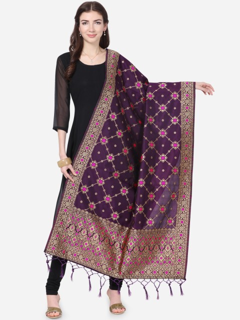 

Satrani Purple & Gold-Toned Woven Design Jacquard Banarasi Dupatta