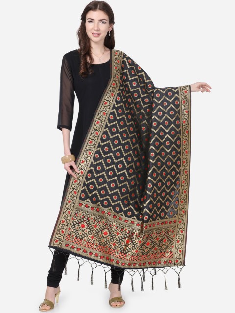 

Satrani Black & Pink Woven Design Poly Silk Jacquard Banarasi Dupatta