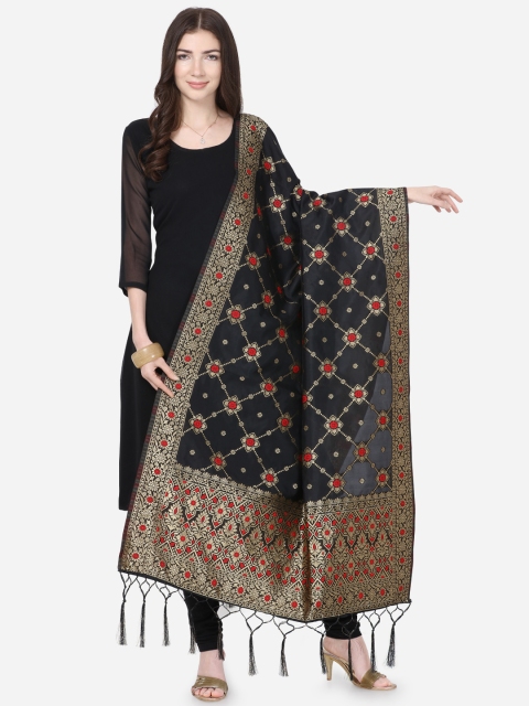 

Satrani Black & Gold-Coloured Woven Design Poly Silk Jacquard Banarasi Dupatta