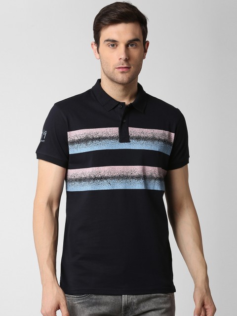 

Peter England Casuals Men Navy Blue Slim Fit Striped Polo Collar T-shirt