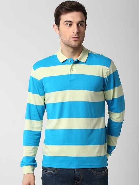 Peter England Casuals Men Blue & Yellow Striped Polo Collar T-shirt