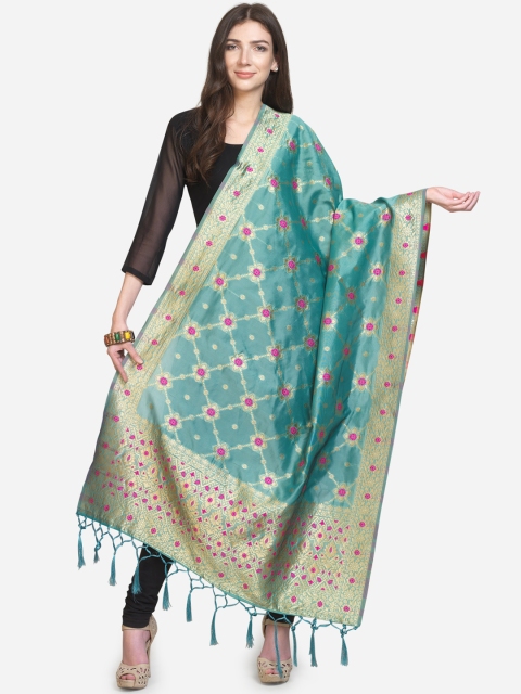 

Satrani Turquoise Blue & Pink Woven Design Jacquard Banarasi Dupatta