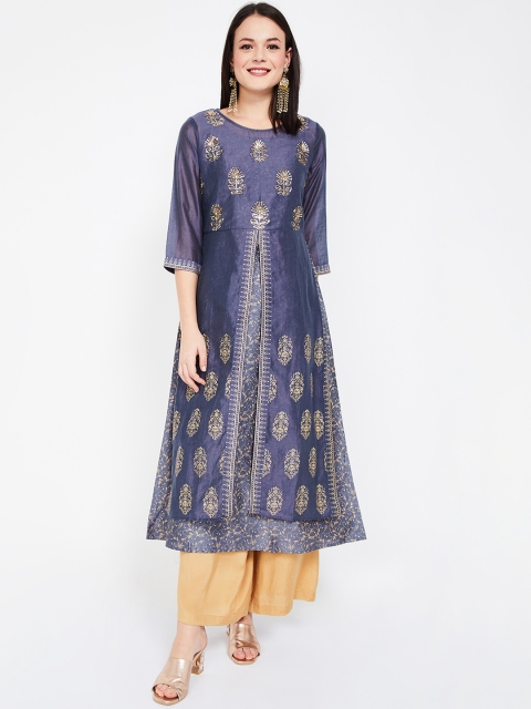 

Melange by Lifestyle Women Blue & Gold-Toned Printed Layered A-Line Kurta