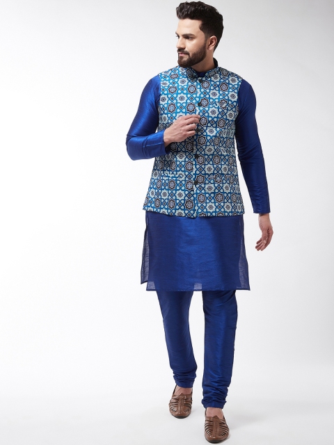 

SOJANYA Men Blue Printed Kurta with Churidar With Nehru Jacket