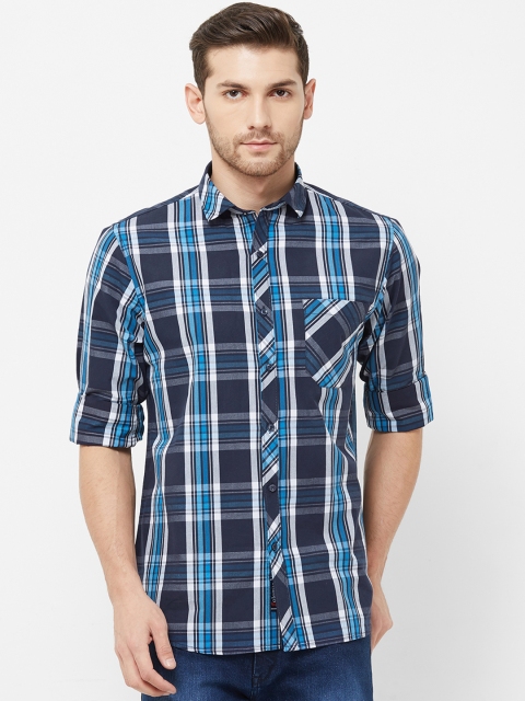 

Solemio Men Navy Blue & White Regular Fit Checked Casual Shirt