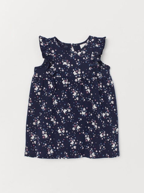 

H&M Girls Navy Blue & White Printed Flounce-Trimmed Cotton Dress