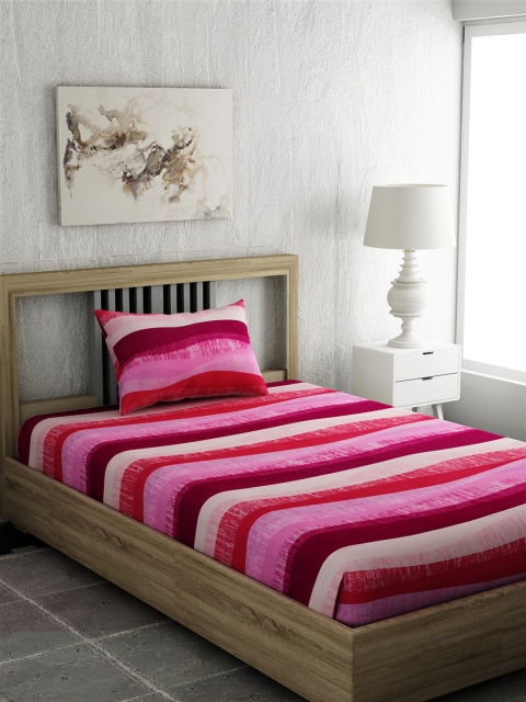 

EverHOME Pink & Brown Striped 144 TC Cotton 1 Single Bedsheet with 1 Pillow Covers