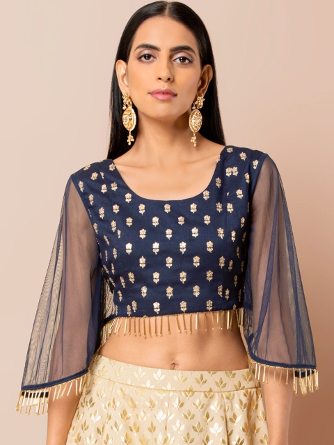 

INDYA Women Blue Embroidered Regular Crop Top