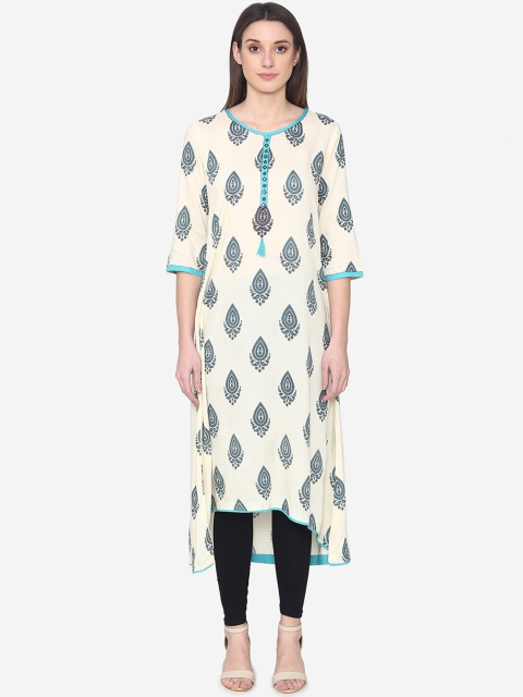 

Laabha Women Off-White & Blue Printed Straight Kurta
