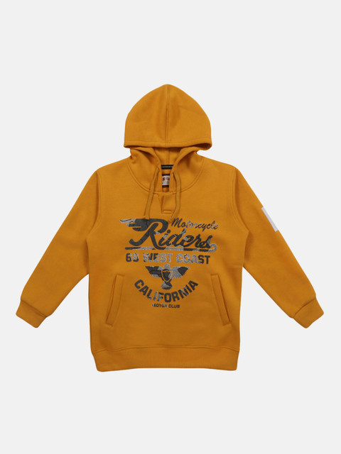 

Lil Tomatoes Boys Mustard Yellow & Grey Printed Hooded Sweatshirt
