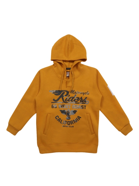Lil Tomatoes Boys Mustard Yellow & Grey Printed Hooded Sweatshirt