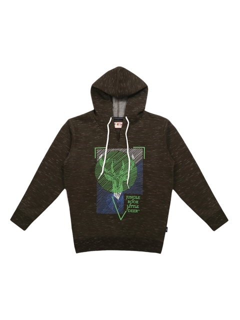 Lil Tomatoes Boys Olive Brown Printed Hooded Sweatshirt