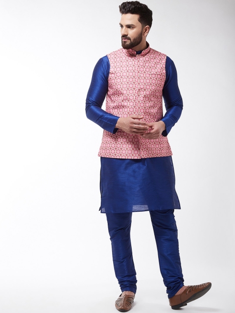 

SOJANYA Men Blue & Peach-Coloured Printed Kurta with Churidar With Nehru Jacket