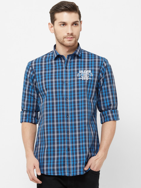 

Solemio Men Blue & White Regular Fit Checked Casual Shirt