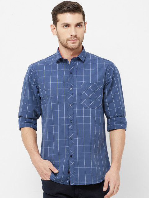 

Solemio Men Blue & White Regular Fit Checked Casual Shirt