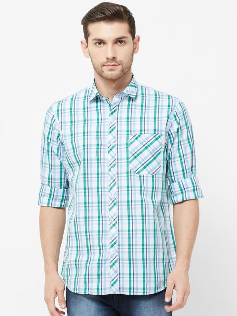 

Solemio Men White & Turquoise Blue Regular Fit Checked Casual Shirt