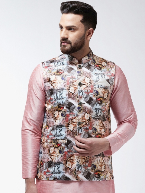 

I Know Men White & Pink Printed Satin Nehru Jacket, Grey