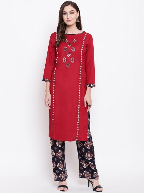 

FABNEST Women Red & Black Embroidered Kurta with Palazzos