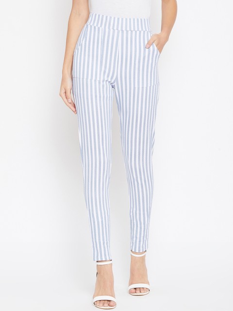 

Ruhaans Women Blue & White Regular Fit Striped Treggings
