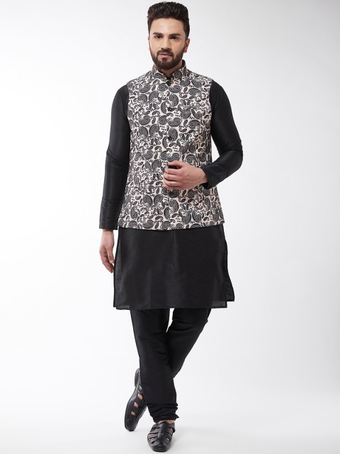 

SOJANYA Men Black & Beige Printed Kurta with Churidar & Nehru Jacket