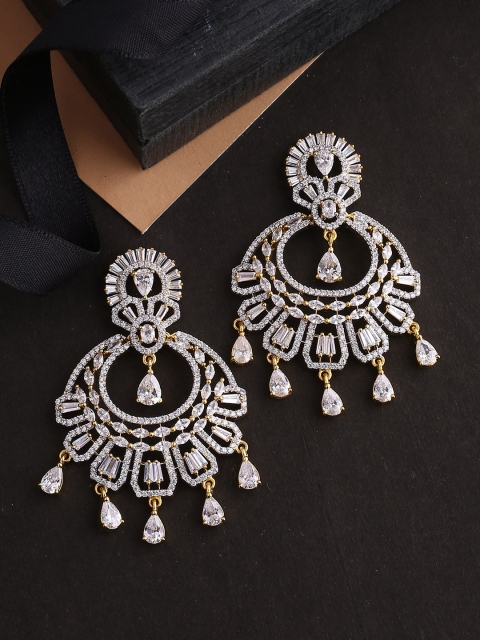 

Studio Voylla Gold-Plated & White Handcrafted Cubic Zirconia Contemporary Drop Earrings