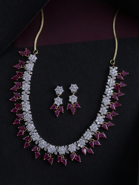 

Studio Voylla Gold-Plated Magenta & White CZ Studded Handcrafted Jewellery Set