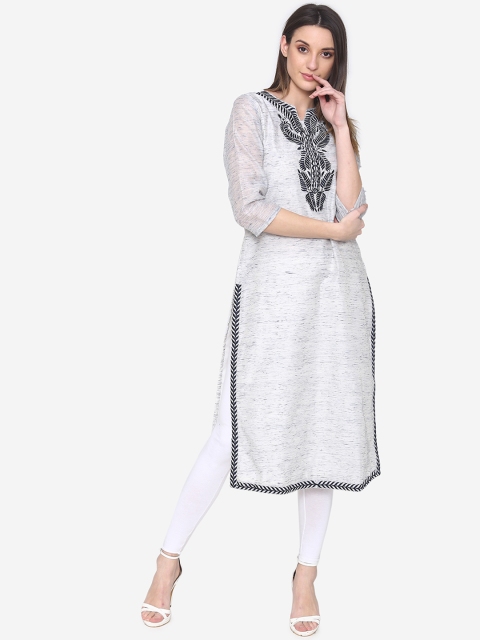 

Laabha Women Grey & Navy Blue Embroidered Straight Kurta