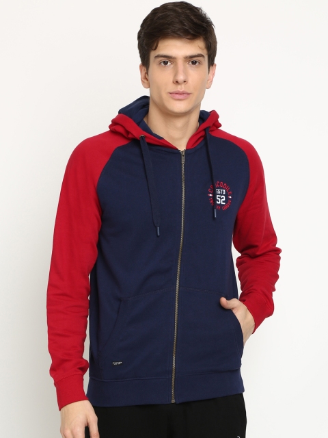 

Crocodile Men Navy Blue & Red Colourblocked Hooded Sweatshirt