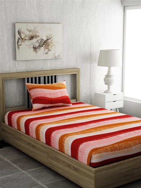 

EverHOME Brown & Red Striped 144 TC Cotton 1 Single Bedsheet with 1 Pillow Covers