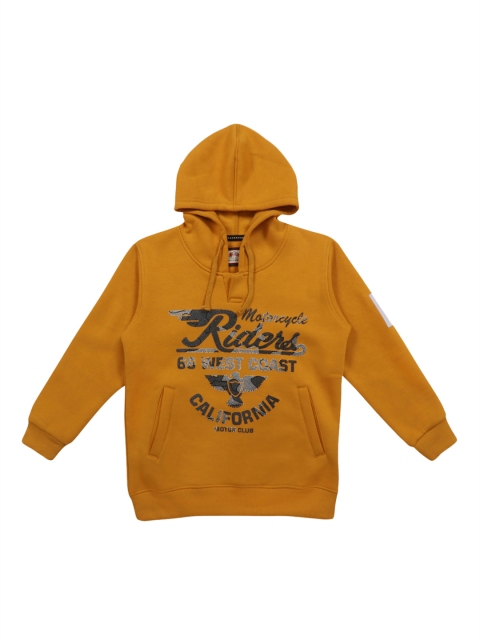 

Lil Tomatoes Boys Mustard Yellow & Grey Printed Hooded Sweatshirt