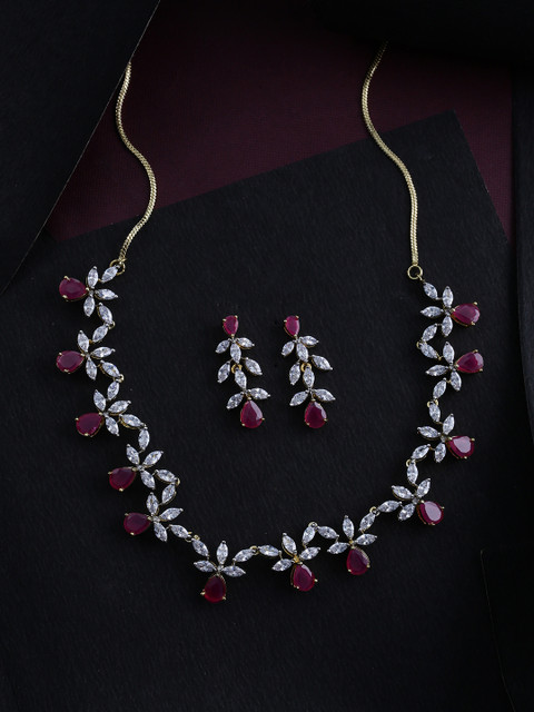 

Studio Voylla Gold-Plated Magenta & White CZ Studded Handcrafted Jewellery Set