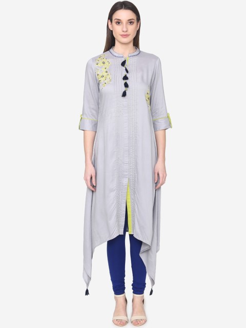 

Laabha Women Grey Embroidered A-Line Asymmetric Kurta