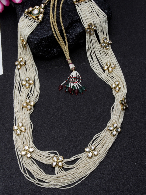 

DUGRISTYLE Off-White Gold-Plated Kundan Beaded Handcrafted Silver Multistranded Necklace