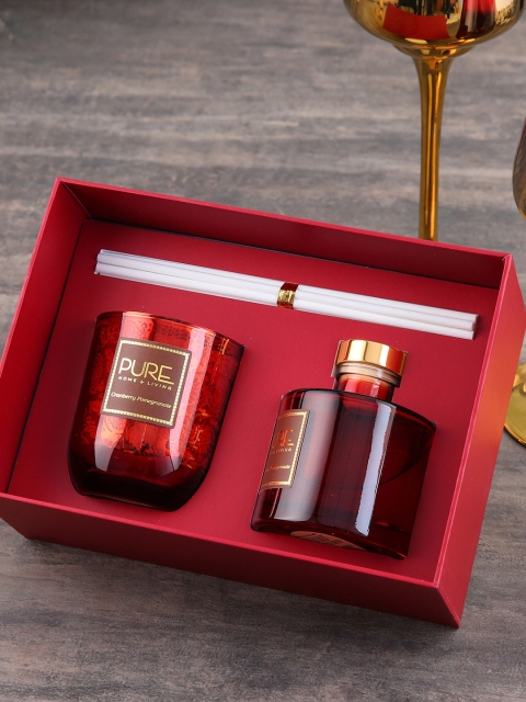 

Pure Home and Living Set of Cranberry Pomegranate Handmade Wax Jar & Diffuser Bottle, Red