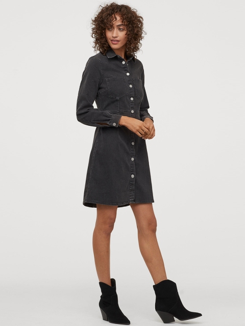

H&M Women Black Solid Long-Sleeved Denim Dress