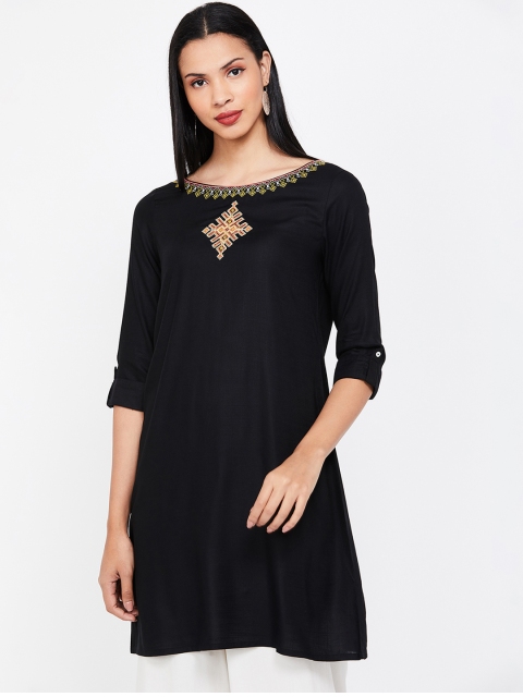 

Colour Me by Melange Women Black Embroidered Straight Kurta