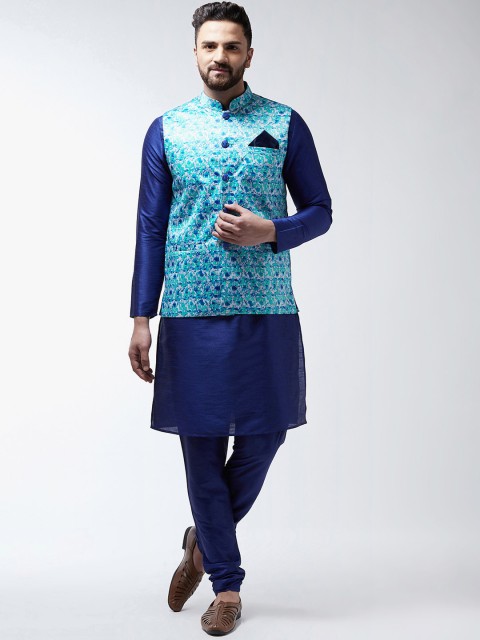 

I Know Men Blue Solid Kurta Set With Nehru jacket