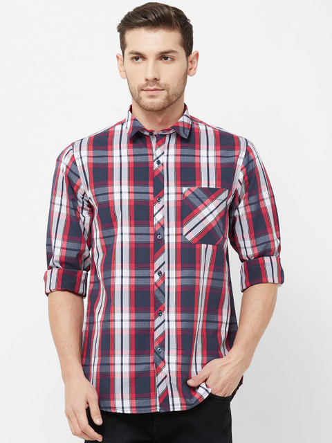 

Solemio Men Navy Blue & Red Regular Fit Checked Casual Shirt