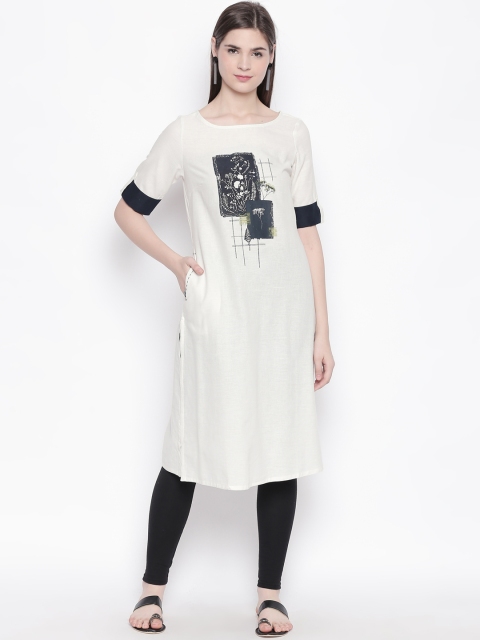 

RANGMANCH BY PANTALOONS Women Off-White Printed Straight Kurta