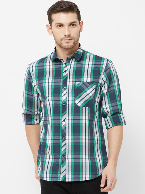 

Solemio Men Navy Blue & Green Regular Fit Checked Casual Shirt