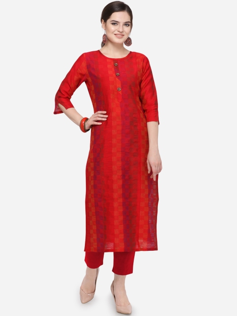 

Kvsfab Women Red Checked Straight Kurta