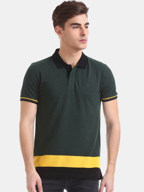 

RUF & TUF Men Green Colourblocked Polo Collar T-shirt
