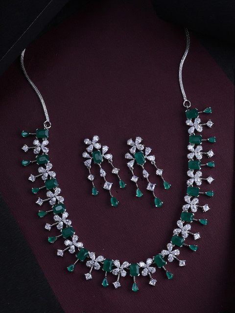 

Studio Voylla Silver-Plated Green & White CZ Stone Studded Handcrafted Jewellery Set